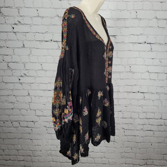 Free People Black Embroidered Long Balloon Sleeve Boho Tunic Top Blouse XS - Picture 13 of 13